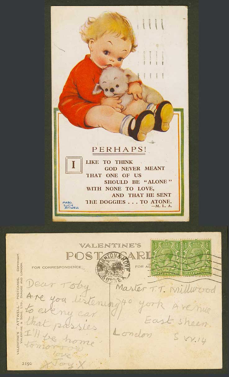 MABEL LUCIE ATTWELL 1933 Old Postcard Perhap None to Love Sent Dog to Atone 2192