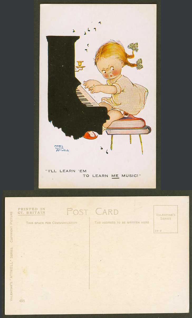 MABEL LUCIE ATTWELL Old Postcard Girl Playing PIANO, I'll Em' Learn Me Music 488