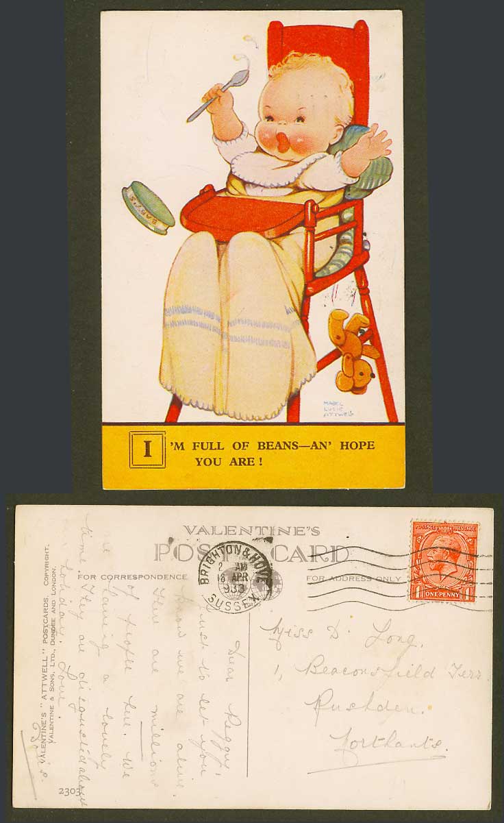 MABEL LUCIE ATTWELL 1933 Old Postcard Teddy Bear I'm Full of Beans Hope U R 2303