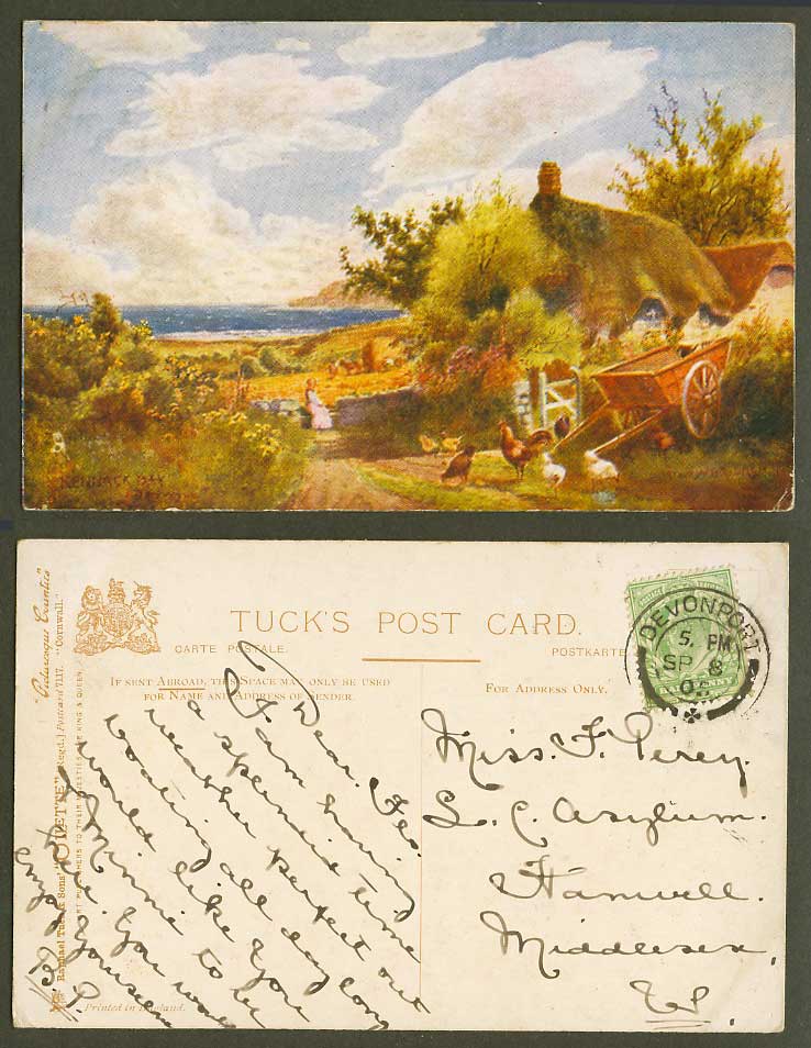 Kennack Bay, Cornwall 1905 Old Postcard Thatched Cottage, Rooster, Chicken Birds