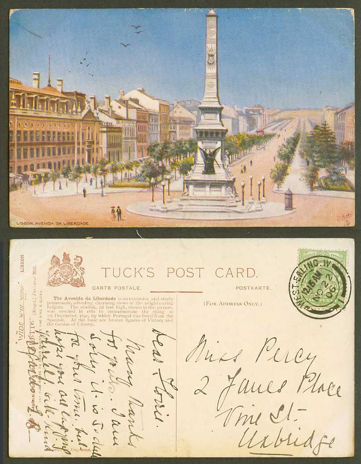 Portugal 1906 Old Tuck's Oilette Postcard Lisbon, Avenida da Liberdade, Monument