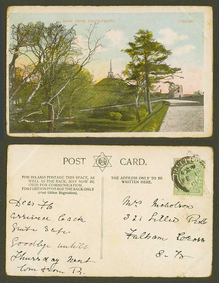 Canterbury, Dane John Memorial Monument, Kent 1908 Old Colour Postcard