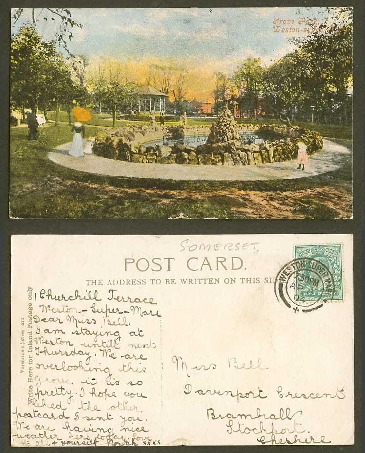 Weston-Super-Mare Grove Park Bandstand Fountain Lake Pond Som. 1904 Old Postcard