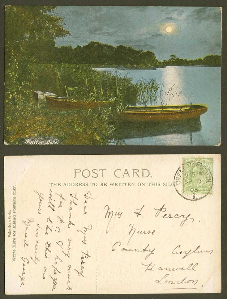 Fritton Lake, Norfolk, Boats, Moonlight Full Moon Night 1905 Old Colour Postcard