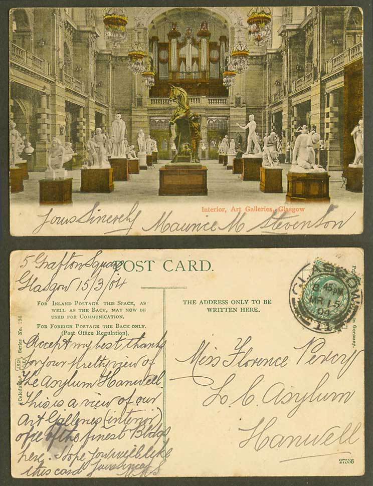 Glasgow 1904 Old Postcard Art Gallery Galleries Interior Pipe Organ Horse Statue