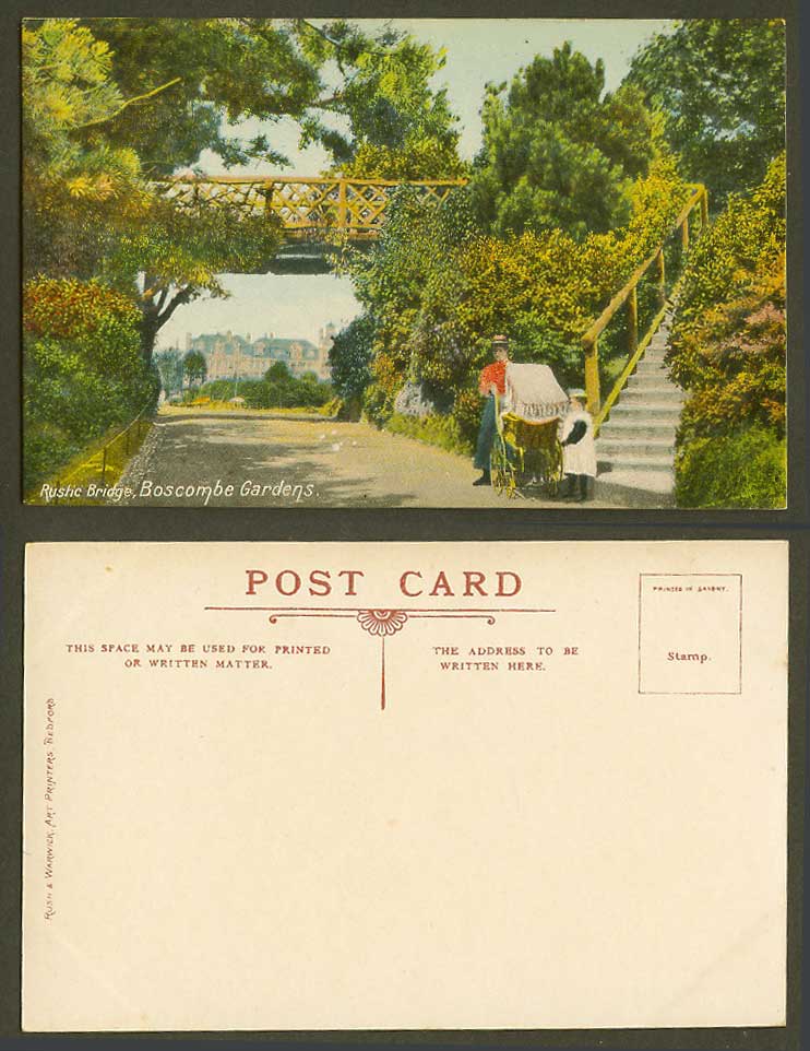 Boscombe Gardens Rustic Bridge, Dorset Old Colour Postcard Woman Girl Pram Steps