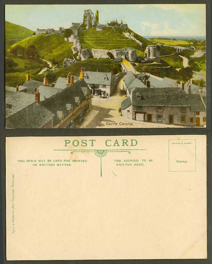 Corfe Castle Dorset Old Color Postcard Street Scene Ruins on Hill Viaduct Bridge
