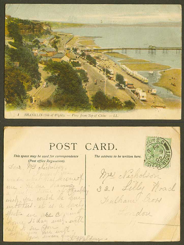 Isle of Wight 1909 Old Postcard Shanklin View from Top of Chine Pier Street LL 1