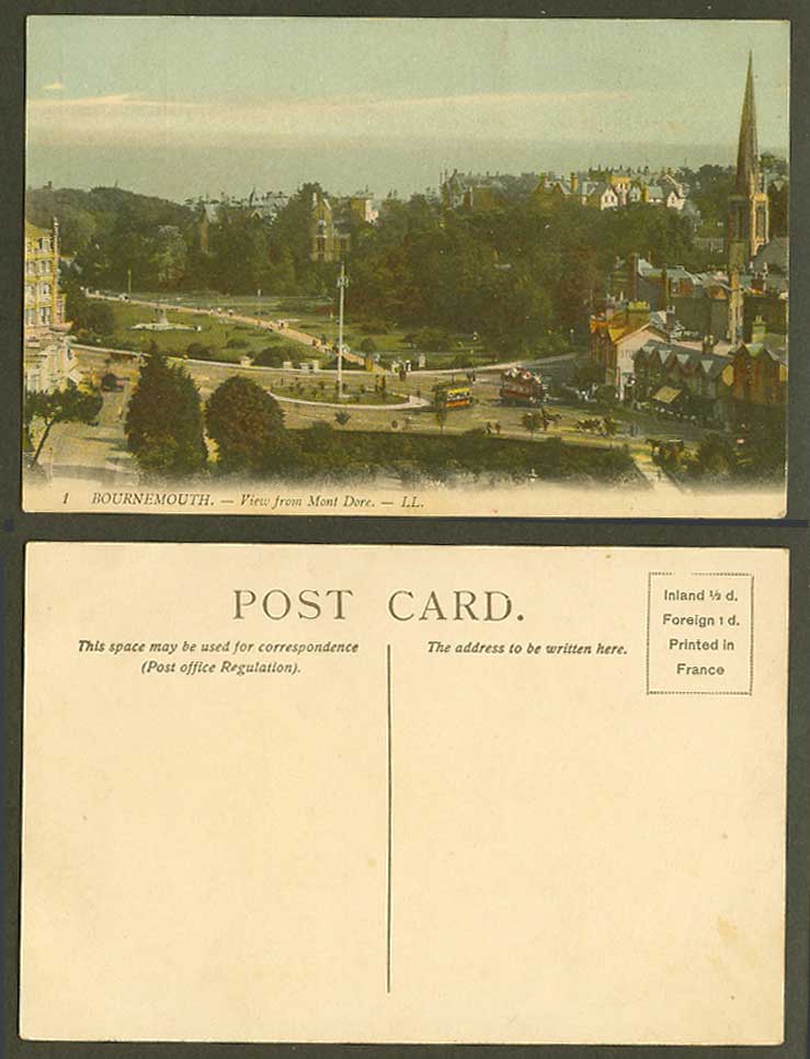 Bournemouth Dorset Old Colour Postcard View from Mont Dore, TRAM Fountain L.L. 1