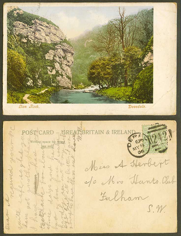 Dovedale, Lion Rock, Lion Faced Rock, River, Derbyshire 1906 Old Colour Postcard