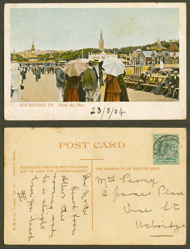 Bournemouth from The Pier, Dorset 1904 Old Colour Postcard Clock Tower, Church