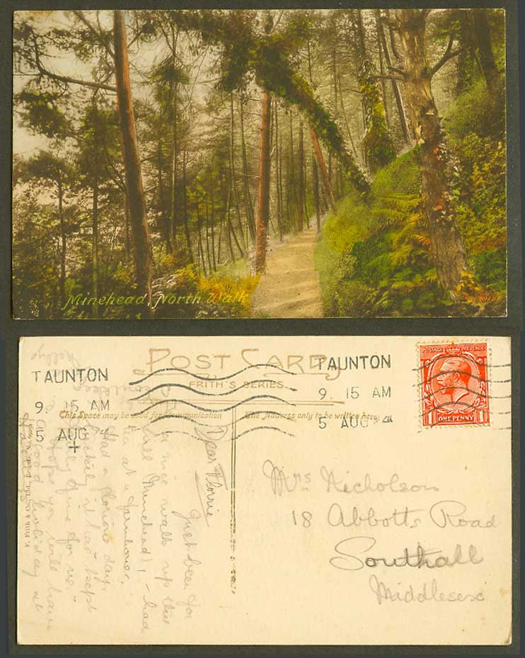 Minehead North Walk Somerset 1924 Old Hand Tinted Postcard Forest Frith's Series