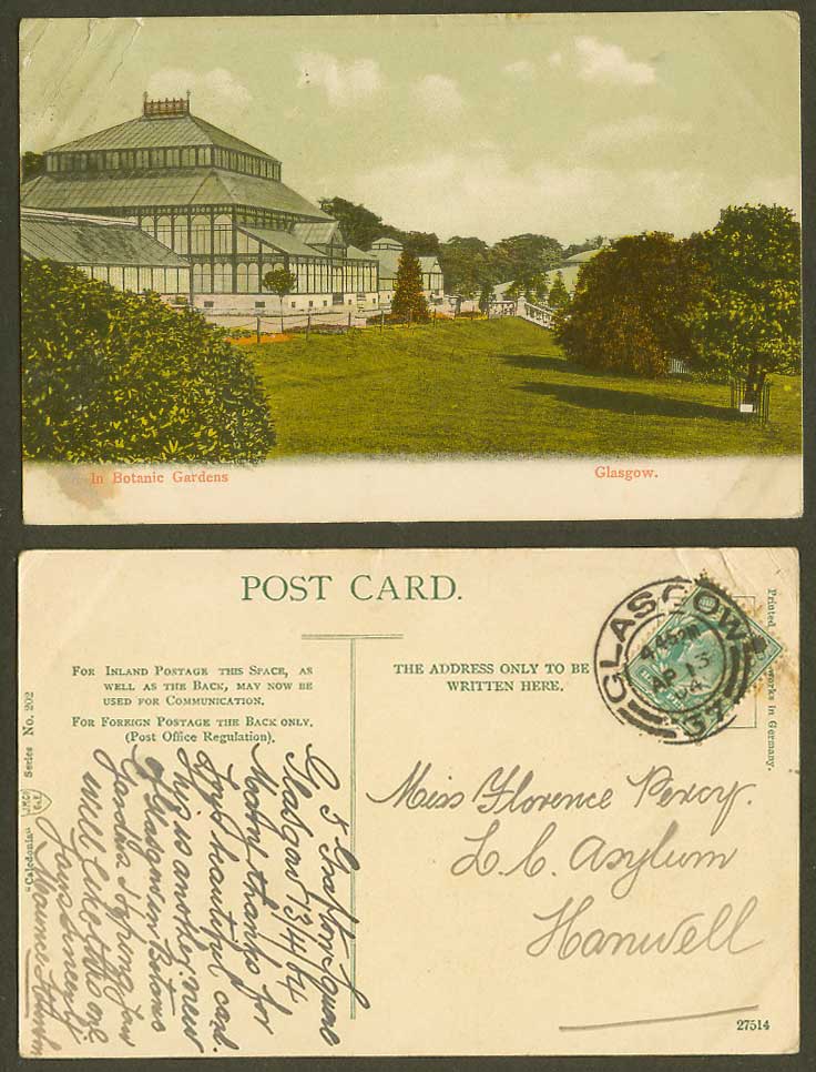 Glasgow Botanic Gardens Botanical Garden Greenhouse 1904 Old Colour Postcard 202
