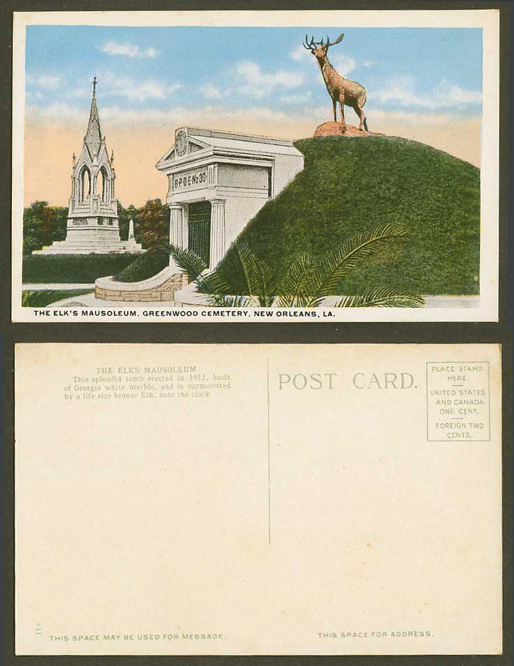 USA Old Postcard The Elk's Mausoleum Greenwood Cemetery New Orleans LA BPOE No30