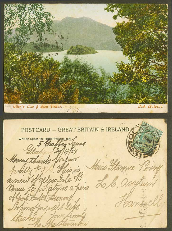 Ellen's Isle and Ben Venue, Loch Katrine, Lake Mountain 1904 Old Colour Postcard