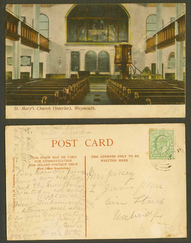 Weymouth, St. Mary's Church Interior, Dorset 1906 Old Colour Postcard H. Cumming