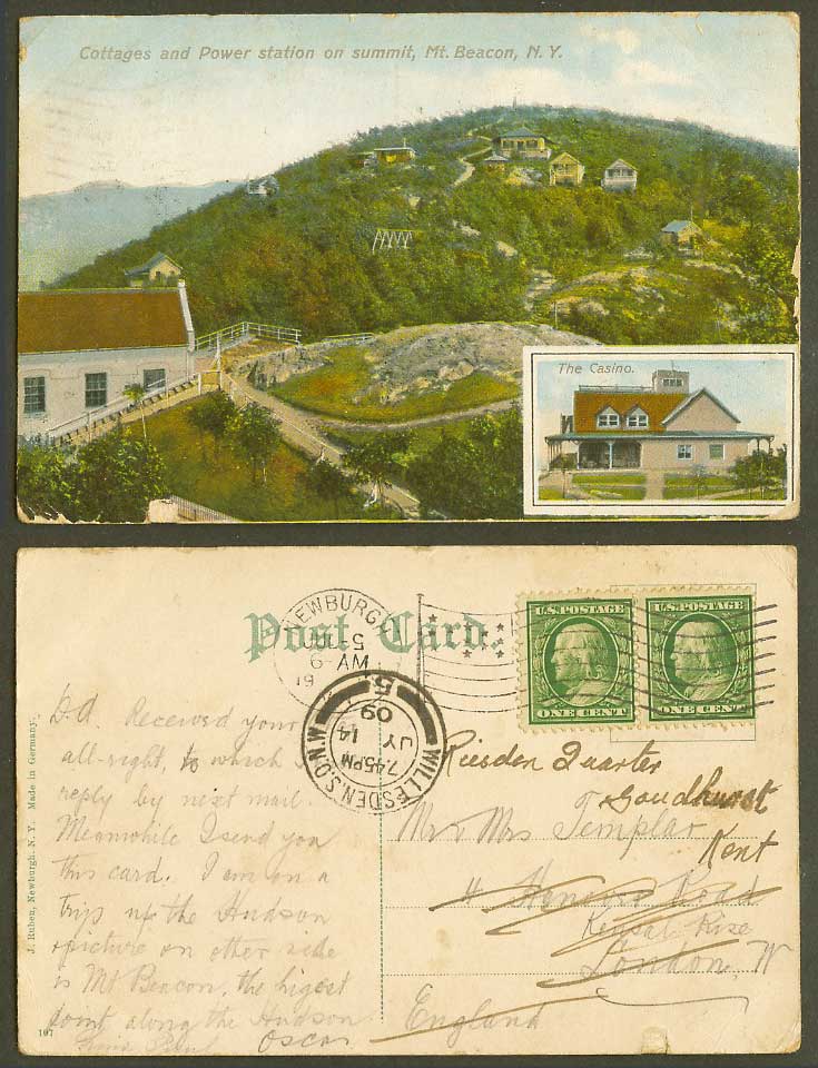 USA 1909 Old Color Postcard Cottages Power Station on Summit Mt Beacon NY Casino
