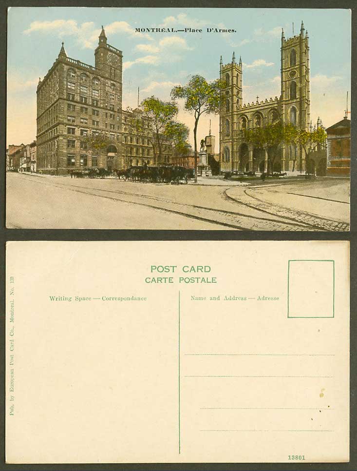 Canada Old Colour Postcard Montreal Place d'Armes Square, Street Scene Tramlines