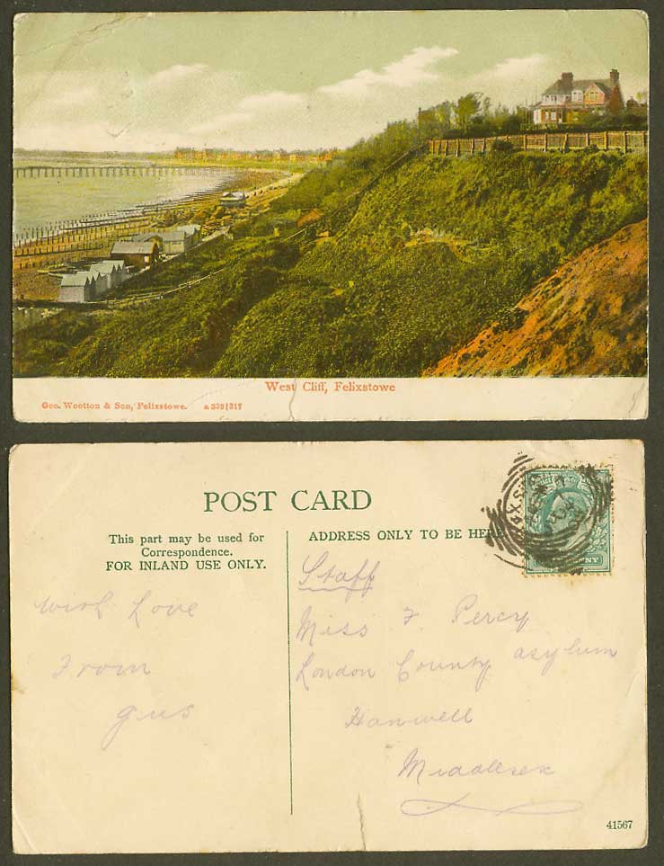 Felixstowe West Cliff Suffolk 1904 Old Colour Postcard Cliffs Pier Beach Seaside