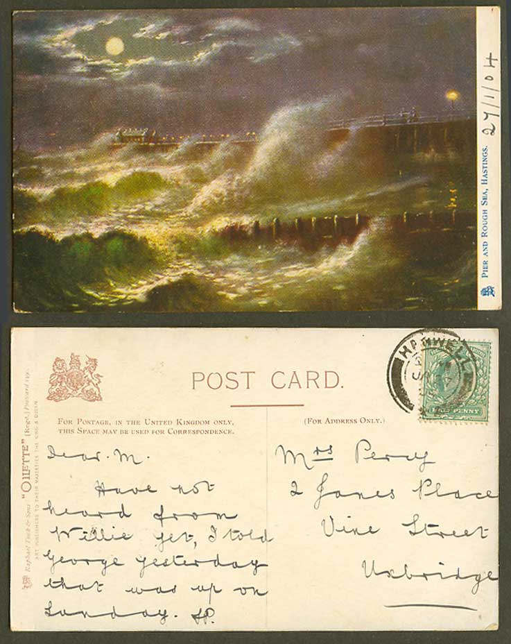 Hastings Pier and Rough Sea by Night, Full Moon 1904 Old Tuck's Oilette Postcard