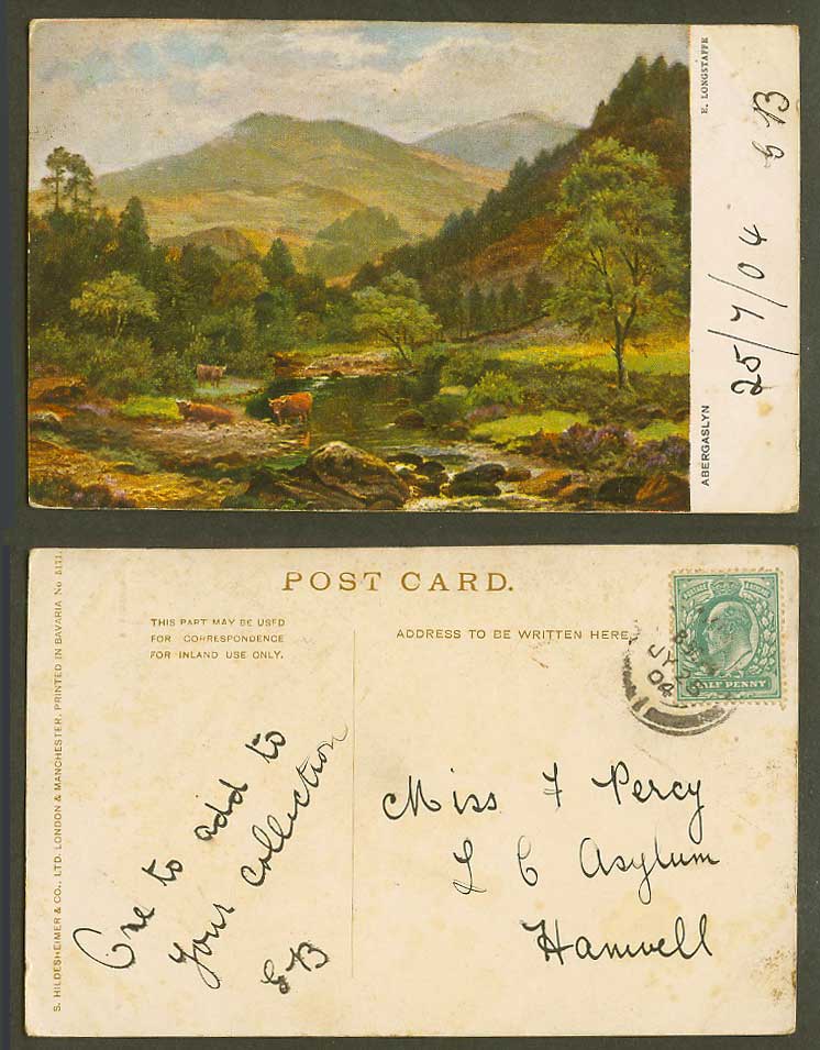 E. Longstaffe Artist Drawn, Abergaslyn, Cattle River Snowdonia 1904 Old Postcard