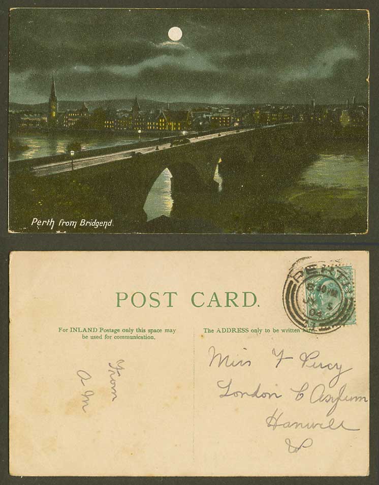 Perth From Bridgend 1904 Old Postcard Bridge and River Scene by Night, Full Moon
