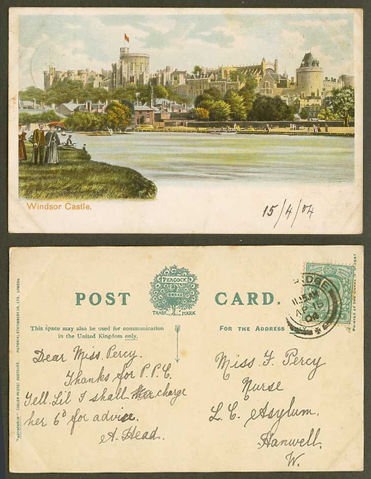 Windsor Castle from River Scene Lady Boat Canoe 1904 Old Colour Postcard Peacock