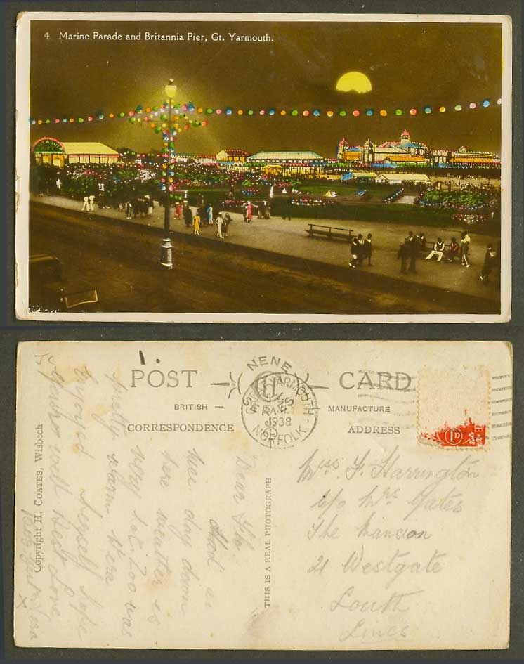 Great Yarmouth 1938 Old RP Postcard Marine Parade and Britannia Pier, Night Moon