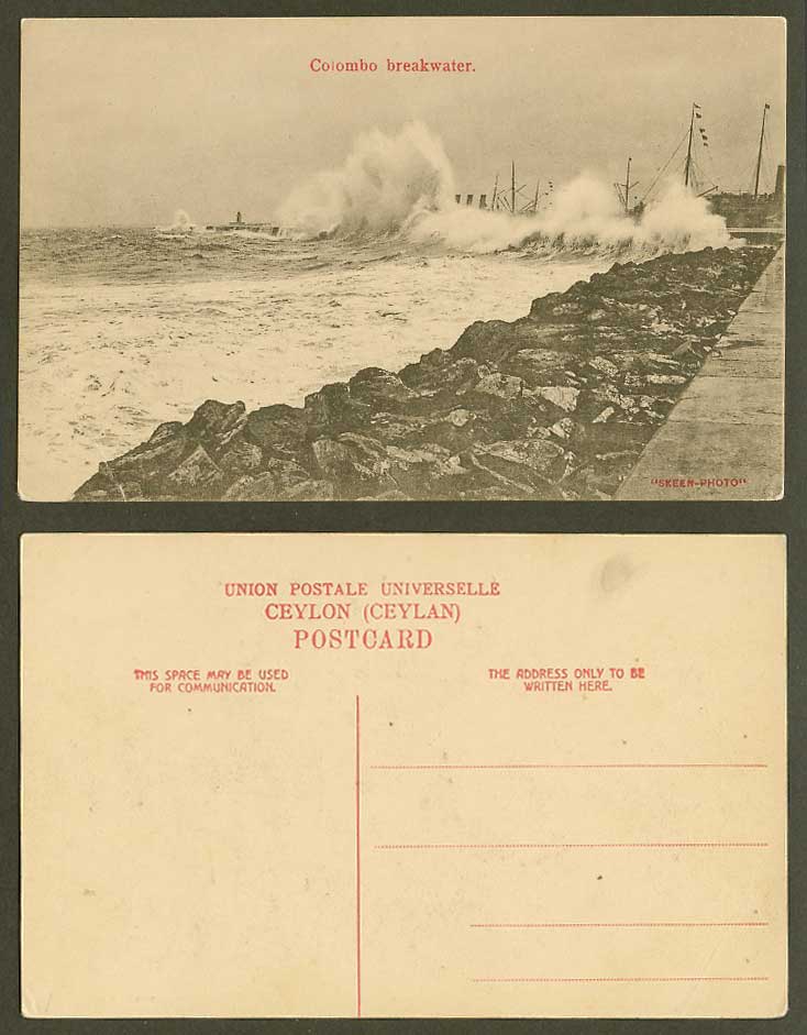 Ceylon Old Postcard Colombo Breakwater Monsoon Lighthouse Rough Sea Rocks, Skeen