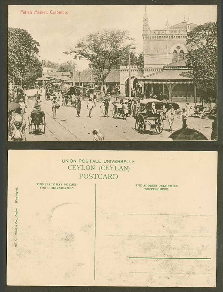Ceylon Old Postcard Pettah Market Colombo Street Scene Rickshaw Coolie Tramlines