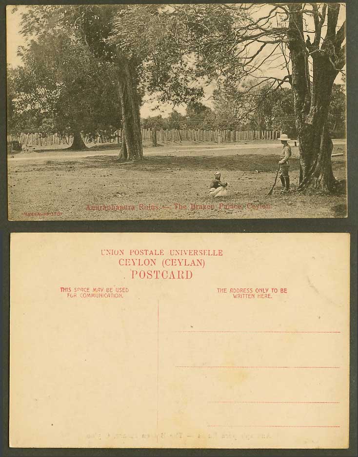 Ceylon Old Postcard Brazen Palace Anuradhapura Ruins Hunter Gun Native Man Skeen