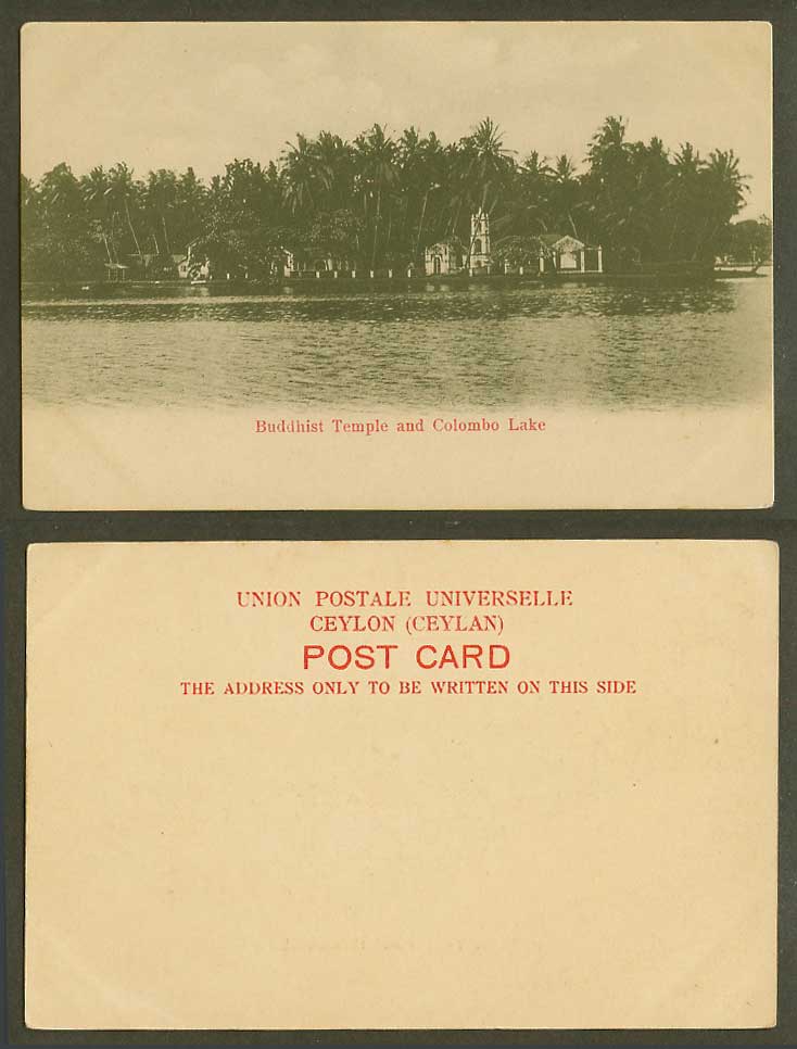Ceylon Old UB Postcard Buddhist Temple and Colombo Lake, Palm Trees & Panorama