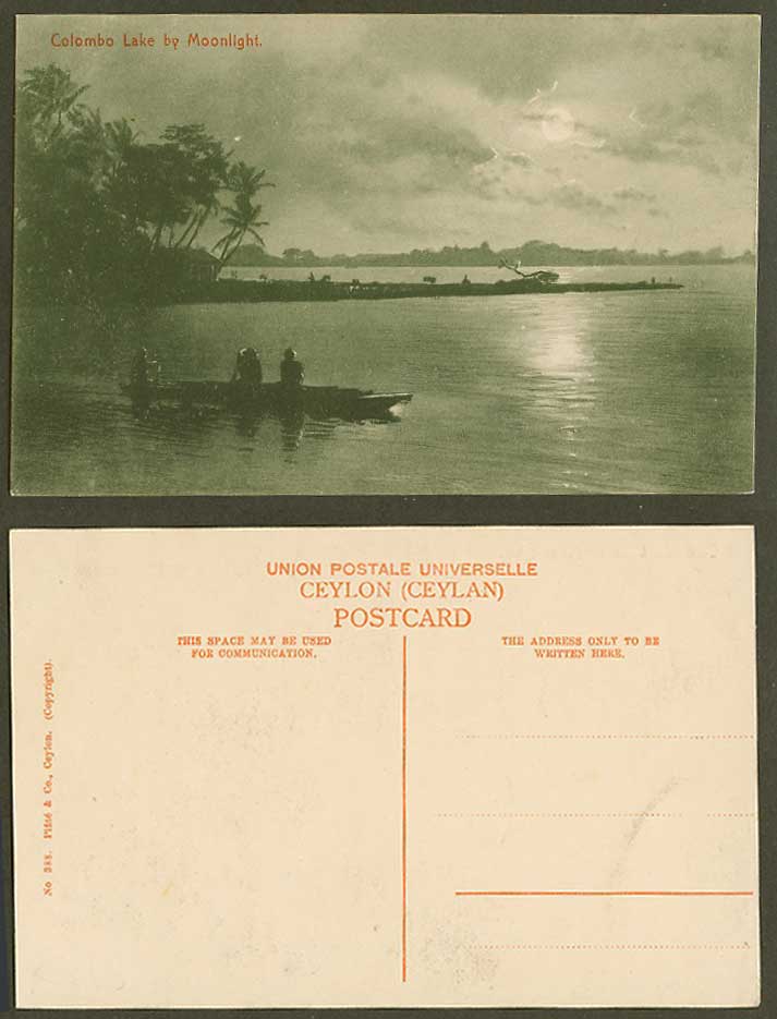 Ceylon Old Postcard Colombo Lake by Moonlight Night, Full Moon Boat & Palm Trees