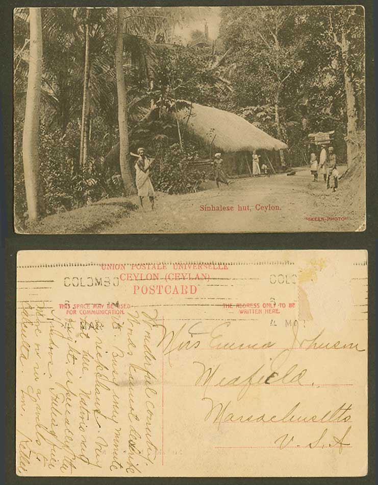 Ceylon Old Postcard Singhalese Sinhalese Hut House Street Scene Native Men Palms