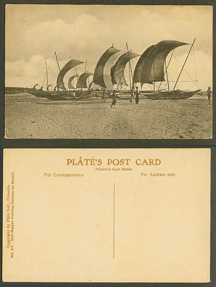 Ceylon Old Postcard Fishermen & Out-Rigger Fishing Canoes Boats on Beach Fishery