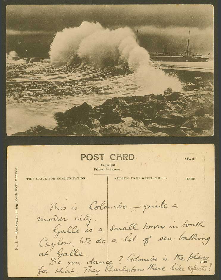 Ceylon Old Postcard Breakwater during South West Monsoon, Rough Sea Steam Ship 3