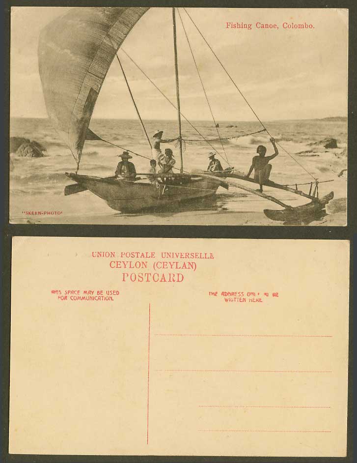 Ceylon Old Postcard Fishing Canoe, A Native Sailing Boat Colombo Fishermen Skeen