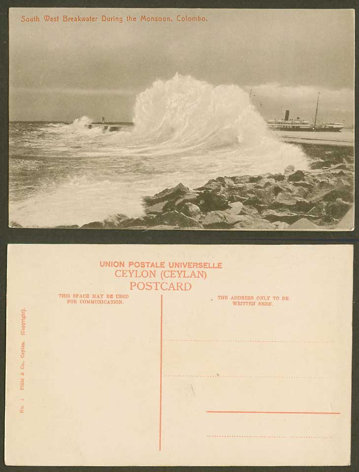Ceylon Old Postcard Colombo Breakwater S W South West Monsoon Steamer Lighthouse