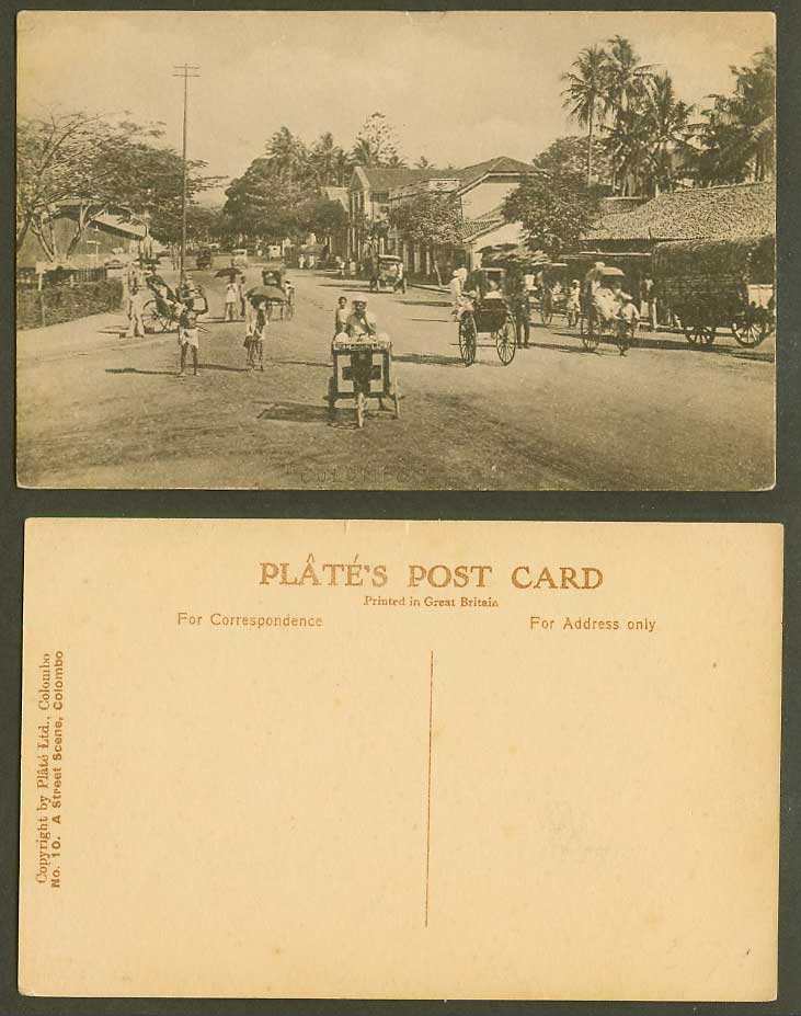 Ceylon Old Postcard A Street Scene Colombo Rickshaws Coolies Carts Palm Trees 10