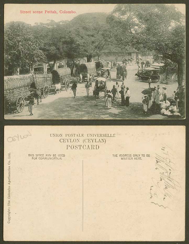 Ceylon Old Postcard Pettah Native Street Scene Colombo, Double Bullock Carts Men