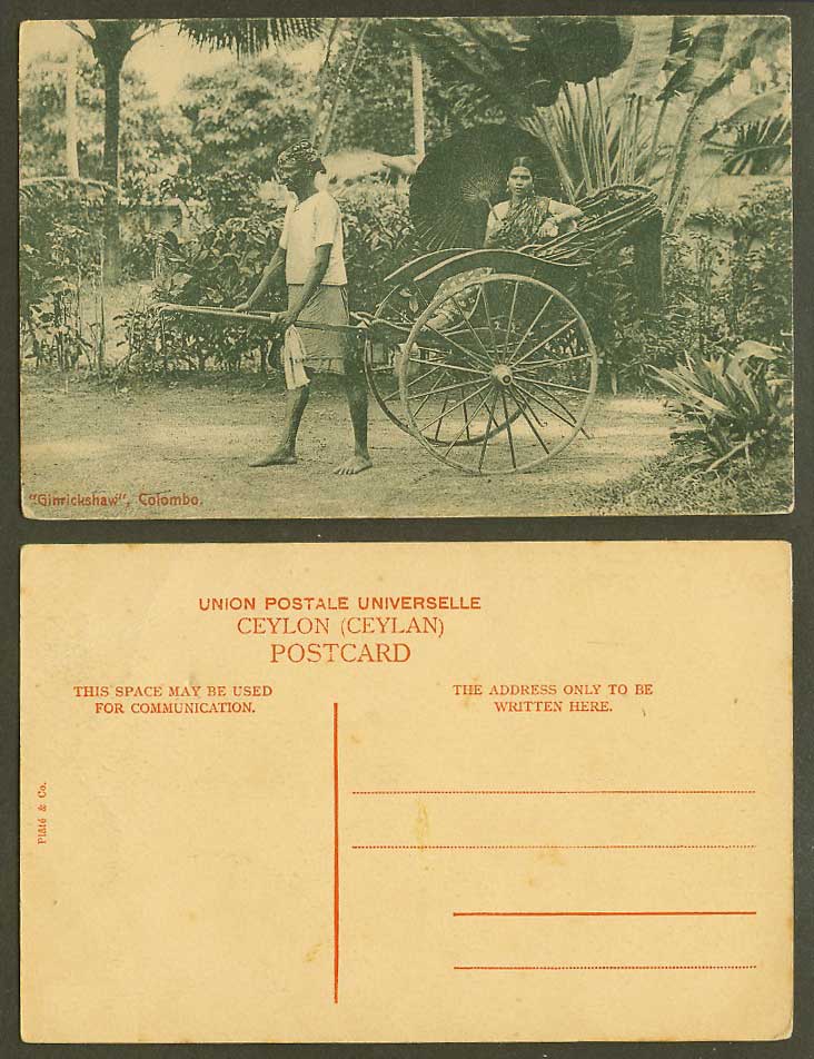 Ceylon Old Postcard Rickshaw Ginrickshaw Colombo, Tamil Lady Woman Native Coolie
