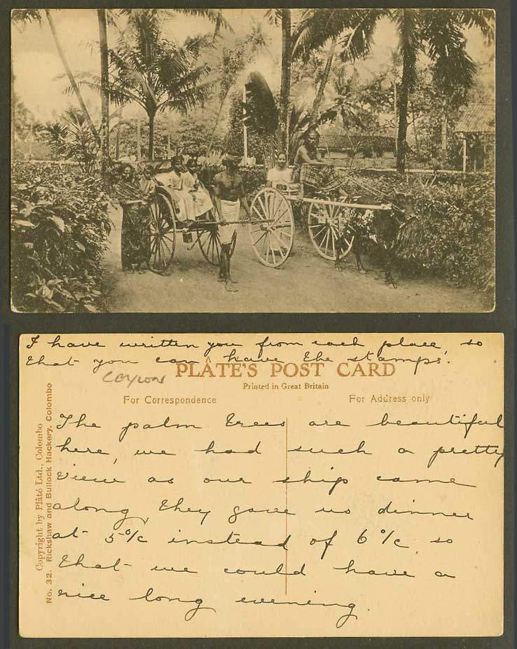 Ceylon Old Postcard Rickshaw and Bullock Hackery Colombo Coolie Street Palm Tree