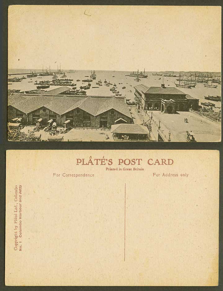 Ceylon Old Postcard Colombo Harbour and Jetty Pier Ships Boats Carts Panorama 1.