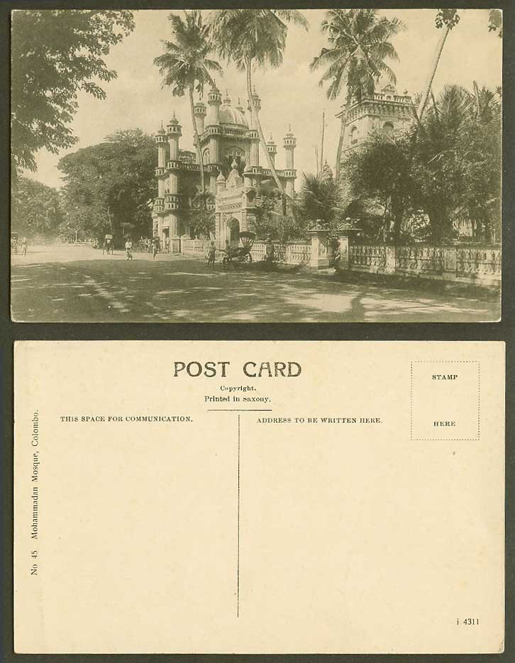 Ceylon Old Postcard Mohammadan Mosque, Colombo, Street Scene Rickshaw Palm Trees