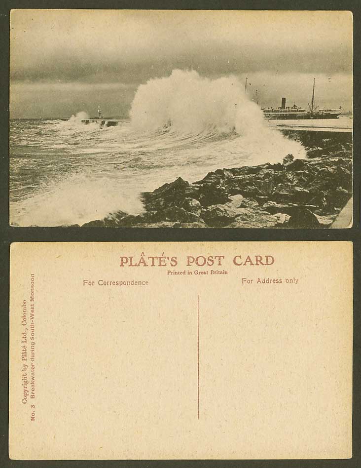 Ceylon Old Postcard Colombo Breakwater South West Monsoon Ships and Lighthouse 3