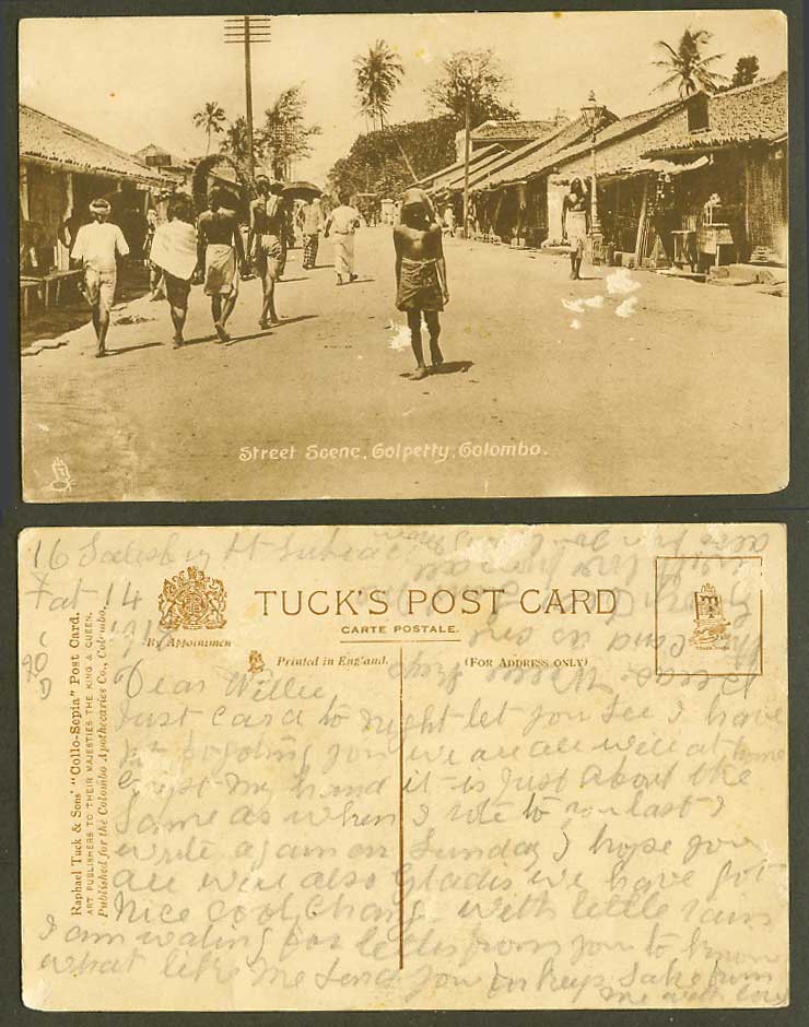 Ceylon Old Tuck's Postcard Colpetty Street Scene Colombo Native Houses Palm Tree