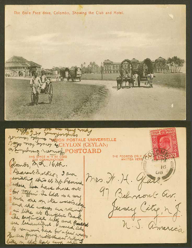 Ceylon KE7 6c 1908 Old Postcard Galle Face Drive, Club, Hotel, Colombo, Rickshaw