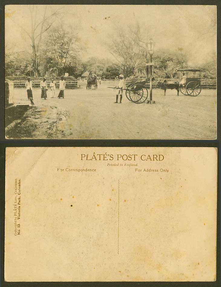 Ceylon Old Postcard Victoria Park Colombo Rickshaw Coolie Horse and Bullock Cart
