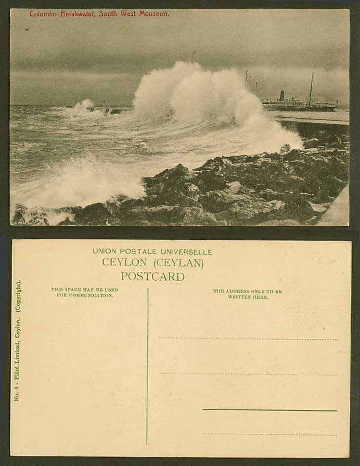 Ceylon Old Postcard Colombo Breakwater South West Monsoon Steam Ship Lighthouse