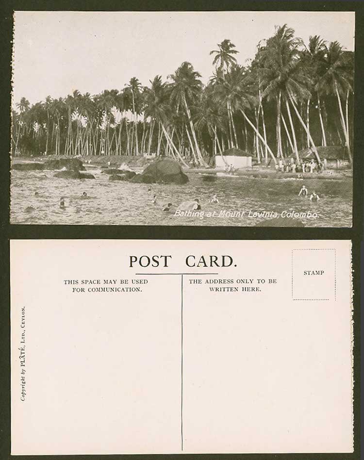 Ceylon Old Postcard Bathing at Mount Lavinia Colombo, Bathers, Houses Palm Trees